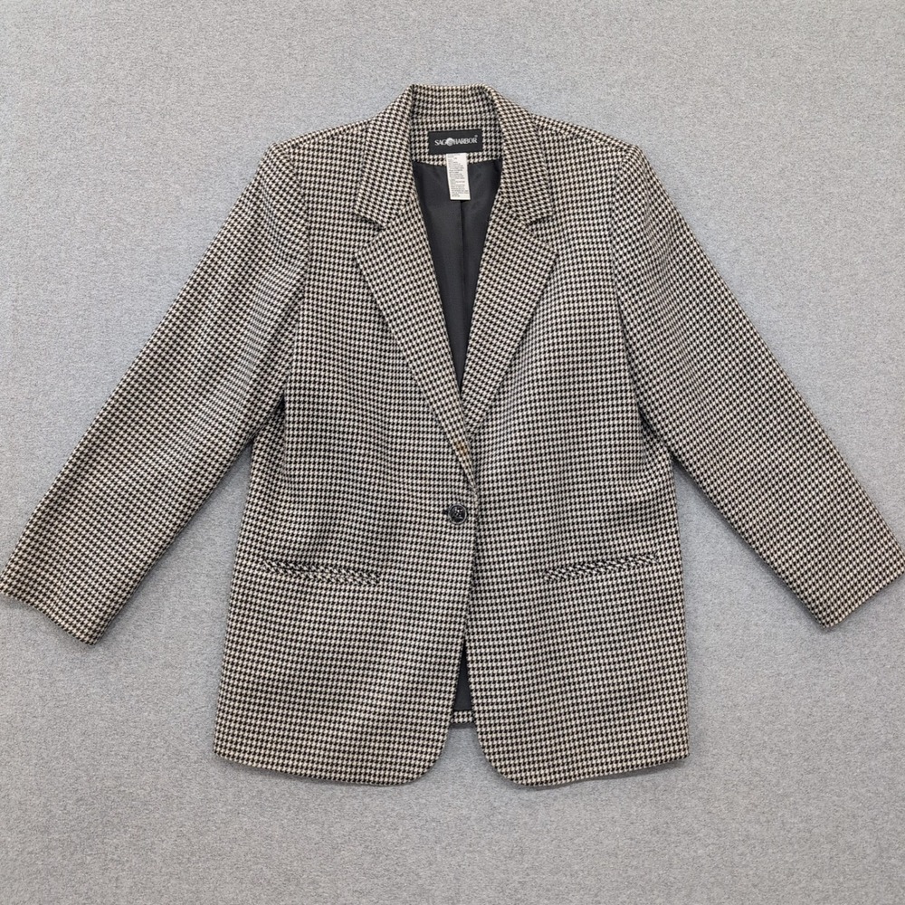 Sag Harbor Women's Houndstooth Blazer Size 14 Single Button Wool Blend - Picture 1 of 4